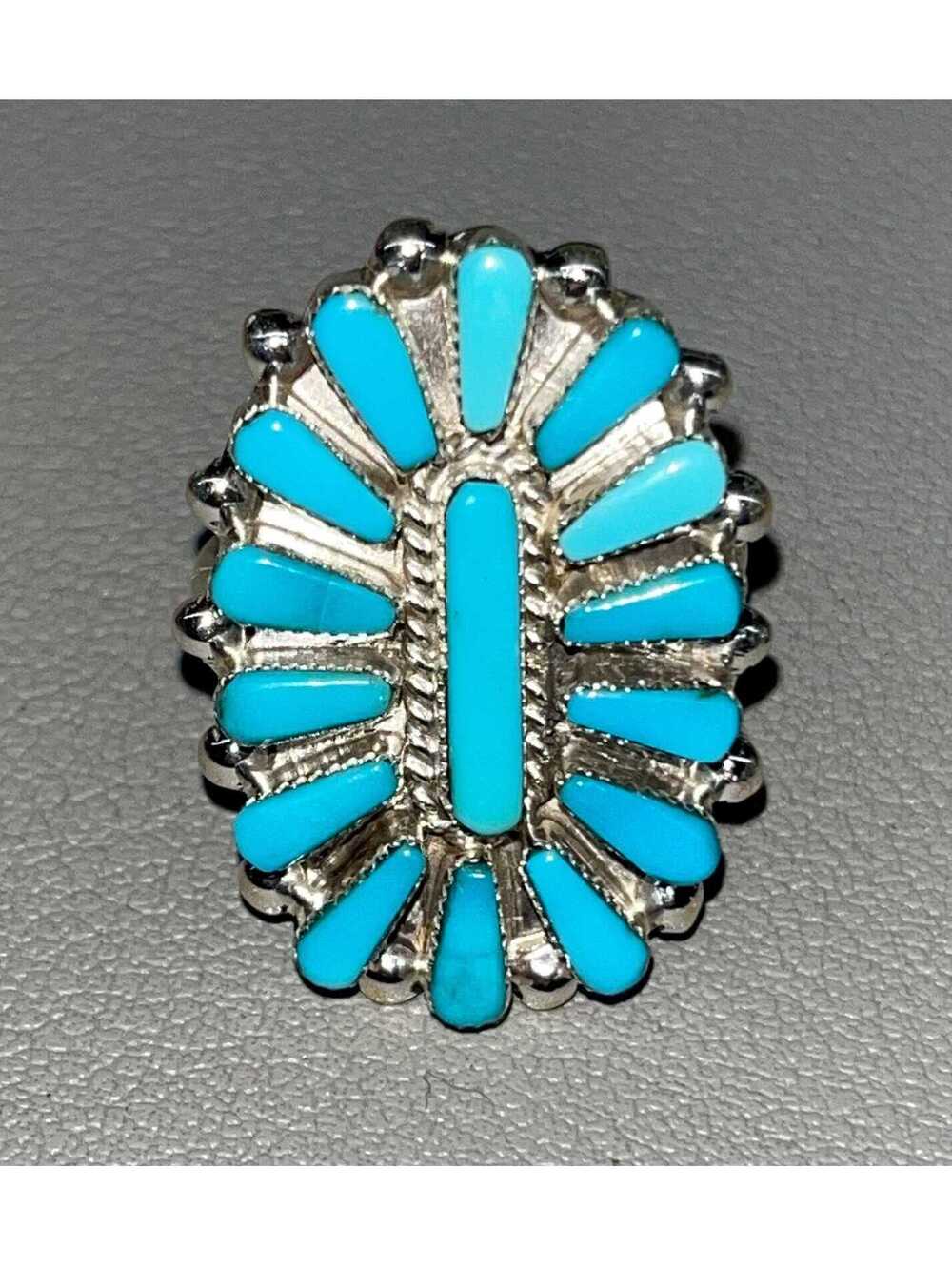 Zuni handmade multi stone cluster turquoise sterling silver inlay ring size 7